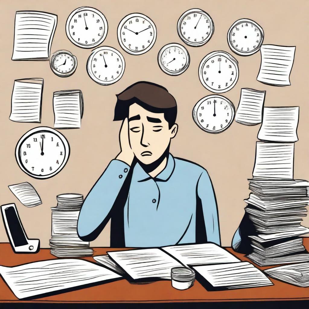 A person overwhelmed with tasks, surrounded by clocks, calendars, and to-do lists