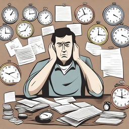 A person overwhelmed with tasks, surrounded by clocks, calendars, and to-do lists