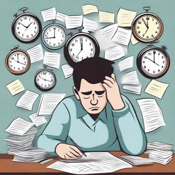 A person overwhelmed with tasks, surrounded by clocks, calendars, and to-do lists