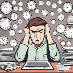 A person overwhelmed with tasks, surrounded by clocks, calendars, and to-do lists