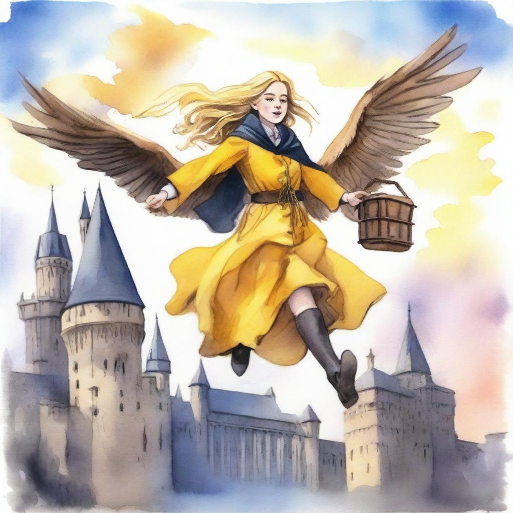 A beautiful watercolor painting of a female Hufflepuff student flying on a majestic hippogriff over the iconic Hogwarts castle