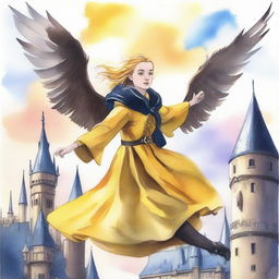 A beautiful watercolor painting of a female Hufflepuff student flying on a majestic hippogriff over the iconic Hogwarts castle