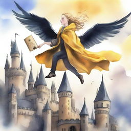 A beautiful watercolor painting of a female Hufflepuff student flying on a majestic hippogriff over the iconic Hogwarts castle