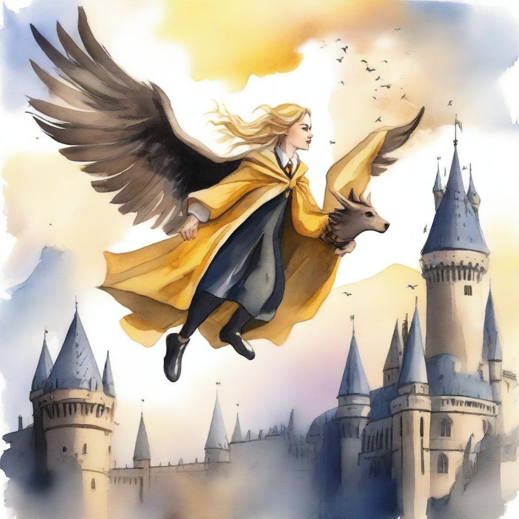 A beautiful watercolor painting of a female Hufflepuff student flying on a majestic hippogriff over the iconic Hogwarts castle