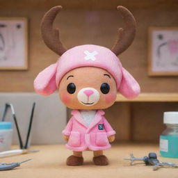 Chopper, the adorable reindeer doctor from One Piece, in his signature pink hat with the medical cross, looking curiously at a set of doctor's tools against the backdrop of a cozy medical cabin.