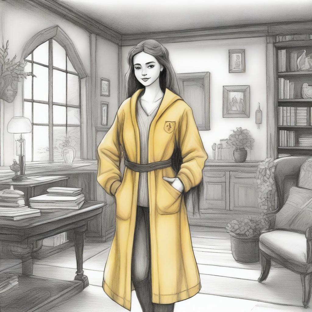 A detailed pencil drawing of a female Hufflepuff student arriving at the Hufflepuff common room