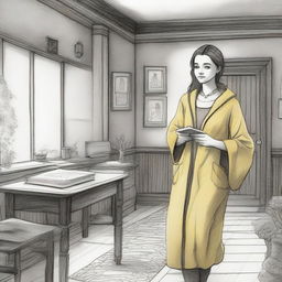 A detailed pencil drawing of a female Hufflepuff student arriving at the Hufflepuff common room