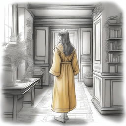 A detailed pencil drawing of a female Hufflepuff student arriving at the Hufflepuff common room