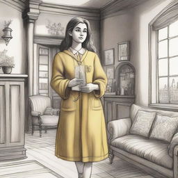 A detailed pencil drawing of a female Hufflepuff student arriving at the Hufflepuff common room