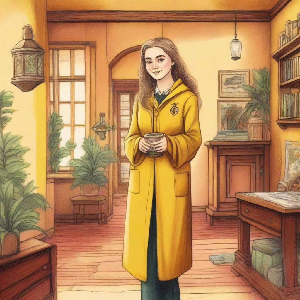 A vibrant color pencil drawing of a female Hufflepuff student arriving at the Hufflepuff common room