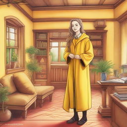 A vibrant color pencil drawing of a female Hufflepuff student arriving at the Hufflepuff common room