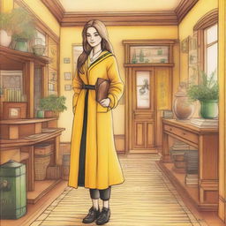 A vibrant color pencil drawing of a female Hufflepuff student arriving at the Hufflepuff common room