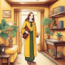 A vibrant color pencil drawing of a female Hufflepuff student arriving at the Hufflepuff common room