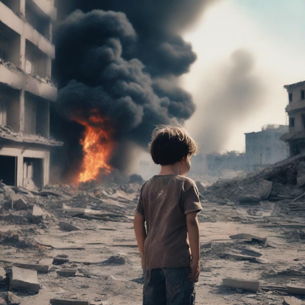 A child crying and injured, witnessing their city being destroyed by a bomb