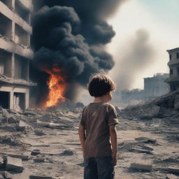 A child crying and injured, witnessing their city being destroyed by a bomb