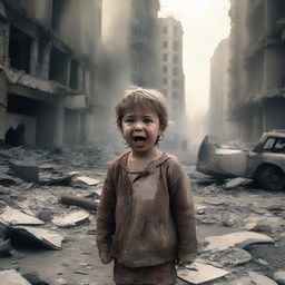 A child crying and injured, witnessing their city being destroyed by a bomb