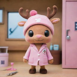 Chopper, the adorable reindeer doctor from One Piece, in his signature pink hat with the medical cross, looking curiously at a set of doctor's tools against the backdrop of a cozy medical cabin.