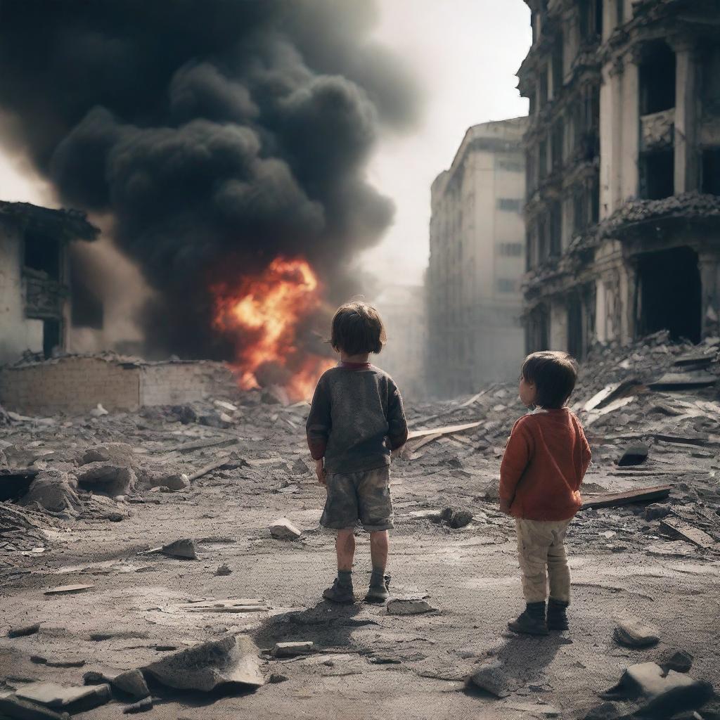 A child crying and injured, witnessing their city being destroyed by a bomb