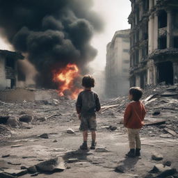 A child crying and injured, witnessing their city being destroyed by a bomb