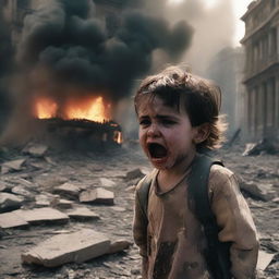 A child crying and injured, witnessing their city being destroyed by a bomb