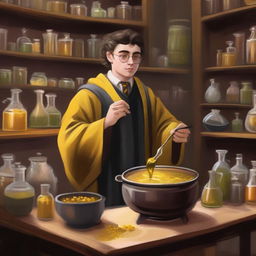 A detailed painting of a Hufflepuff student attending a potions class at Hogwarts