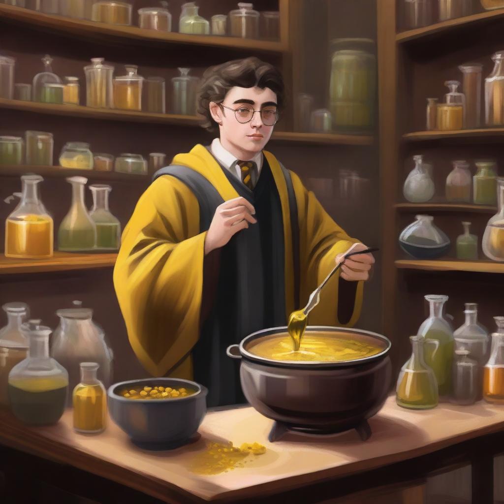 A detailed painting of a Hufflepuff student attending a potions class at Hogwarts