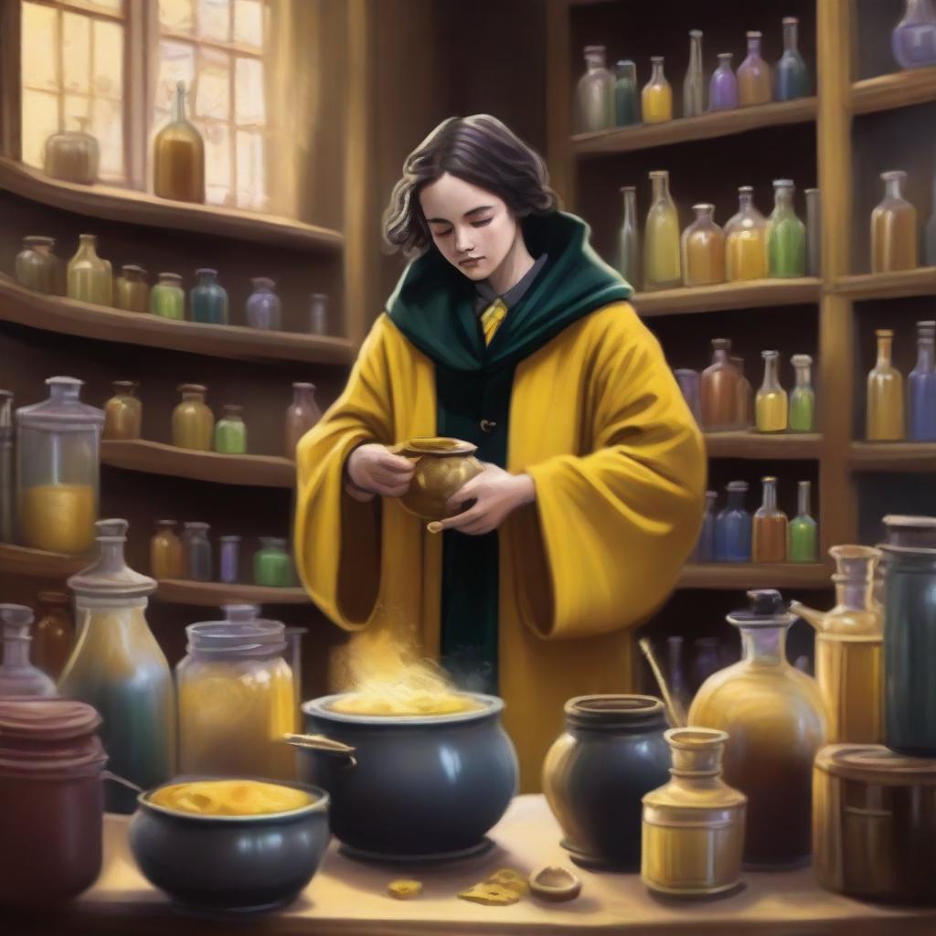 A detailed painting of a Hufflepuff student attending a potions class at Hogwarts