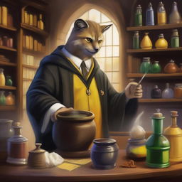 A detailed painting of a Hufflepuff student attending a potions class at Hogwarts