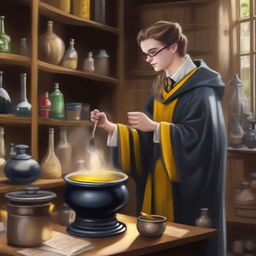 A detailed painting of a Hufflepuff student attending a potions class at Hogwarts