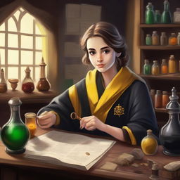 A detailed painting of a female Hufflepuff student attending a potions class