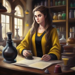 A detailed painting of a female Hufflepuff student attending a potions class