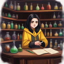 A detailed painting of a female Hufflepuff student attending a potions class