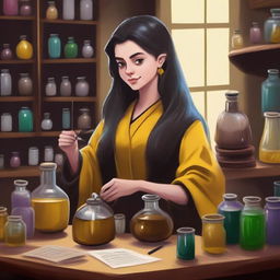 A detailed painting of a female Hufflepuff student attending a potions class