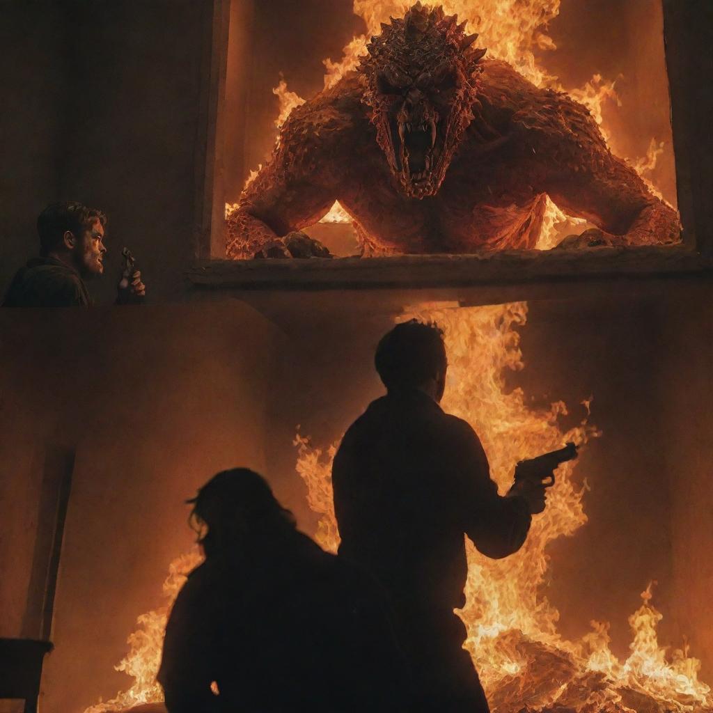 A room engulfed in flames split into two perspectives. Above: a man wielding a pistol, indomitable against the blaze. Below: a monstrous creature fixates its gaze upon the man above it.