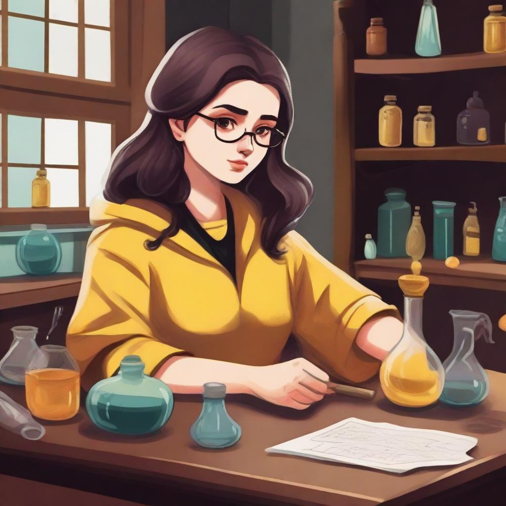 A detailed illustration of a female Hufflepuff student attending a potions class