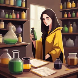 A detailed illustration of a female Hufflepuff student attending a potions class