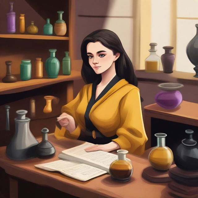 A detailed illustration of a female Hufflepuff student attending a potions class