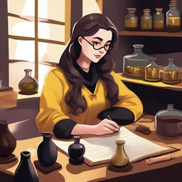 A detailed illustration of a female Hufflepuff student attending a potions class