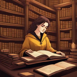 A detailed illustration of a female Hufflepuff student in the Hogwarts library