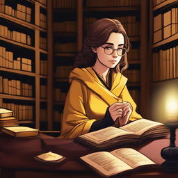 A detailed illustration of a female Hufflepuff student in the Hogwarts library