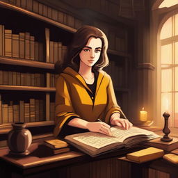 A detailed illustration of a female Hufflepuff student in the Hogwarts library