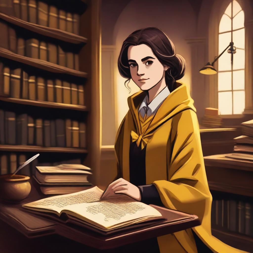 A detailed illustration of a female Hufflepuff student in the Hogwarts library