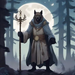 A detailed illustration of a werewolf cleric, standing in a mystical forest with a glowing staff