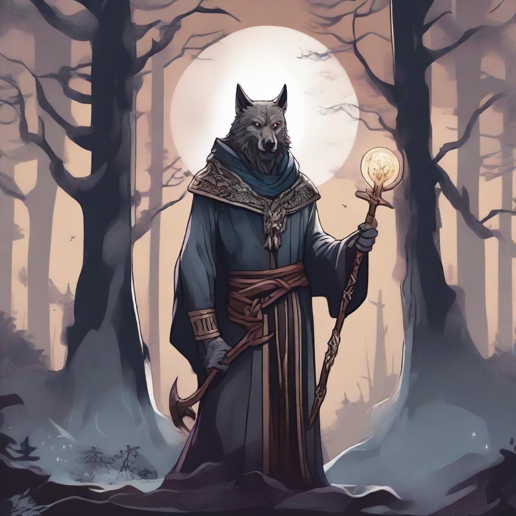 A detailed illustration of a werewolf cleric, standing in a mystical forest with a glowing staff