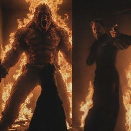 A room engulfed in flames split into two perspectives. Above: a man wielding a pistol, indomitable against the blaze. Below: a monstrous creature fixates its gaze upon the man above it.