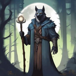 A detailed illustration of a werewolf cleric, standing in a mystical forest with a glowing staff