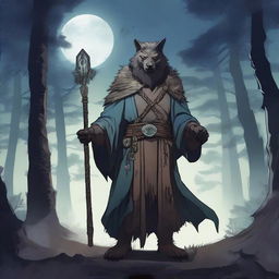 A detailed illustration of a werewolf cleric, standing in a mystical forest with a glowing staff