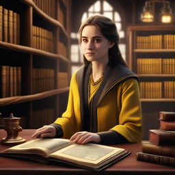 A realistic depiction of a female Hufflepuff student in the Hogwarts library