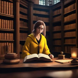 A realistic depiction of a female Hufflepuff student in the Hogwarts library