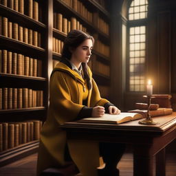 A realistic depiction of a female Hufflepuff student in the Hogwarts library